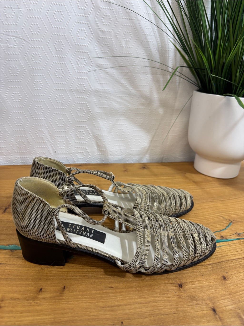 Vintage Stuart Weitzman Chunk Heel Strappy Sandals Metallic Animal 40